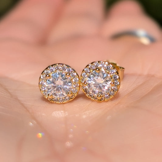 The Étoile Halo Studs Gold — Round Brilliant Moissanite Earrings | 14K Gold-Plated