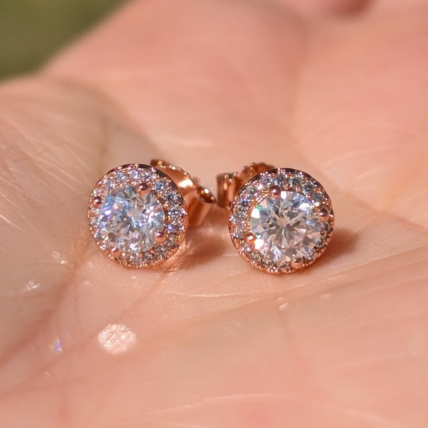The Étoile Halo Studs Rose Gold — Round Brilliant Moissanite Earrings | Rose Gold-Plated