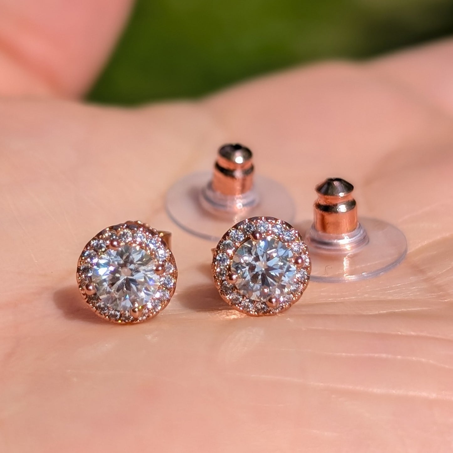 The Étoile Halo Studs Rose Gold — Round Brilliant Moissanite Earrings | Rose Gold-Plated