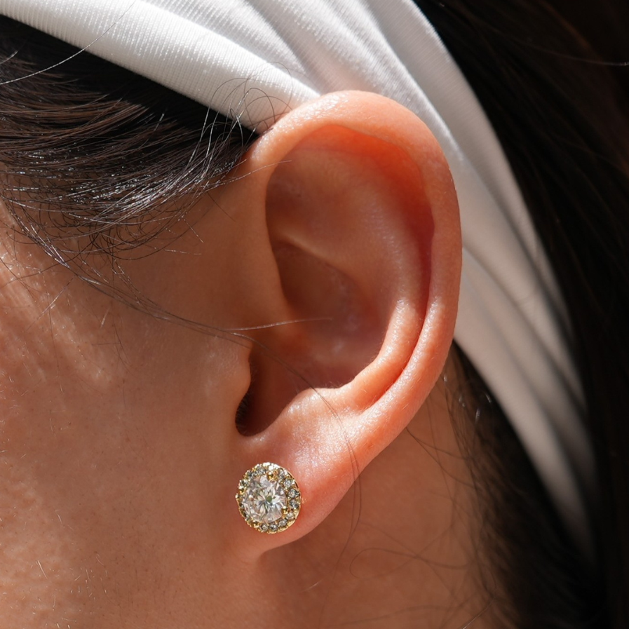 The Étoile Halo Studs Gold — Round Brilliant Moissanite Earrings | 14K Gold-Plated