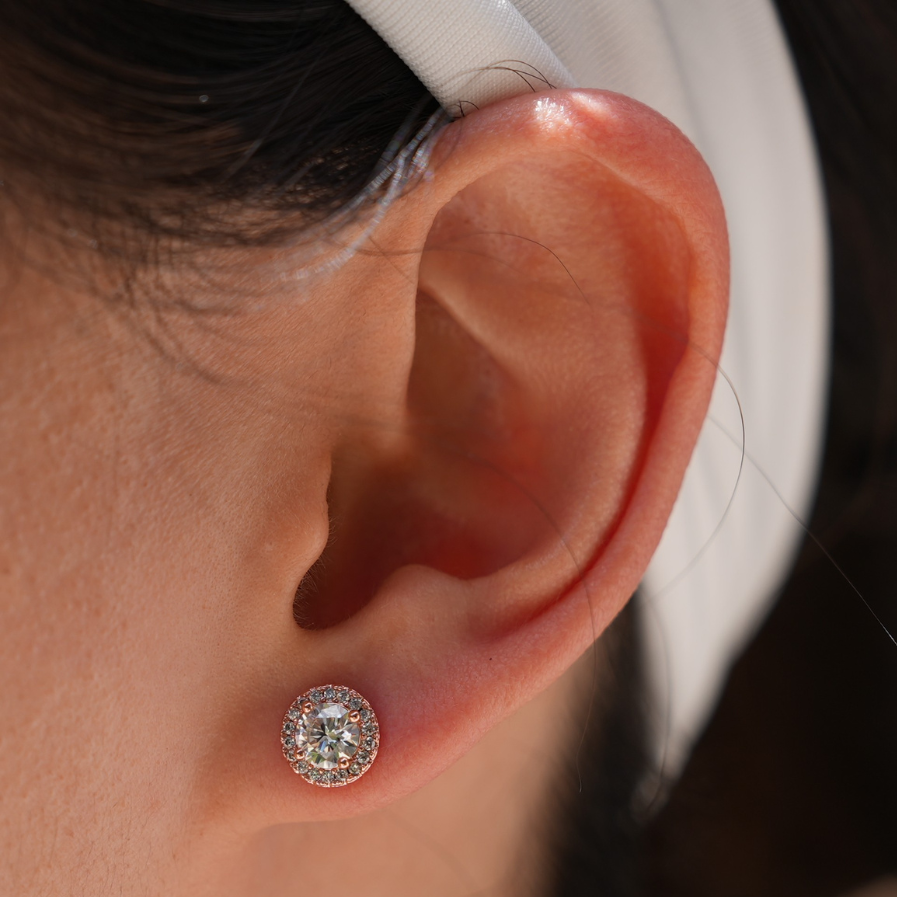 The Étoile Halo Studs Rose Gold — Round Brilliant Moissanite Earrings | Rose Gold-Plated